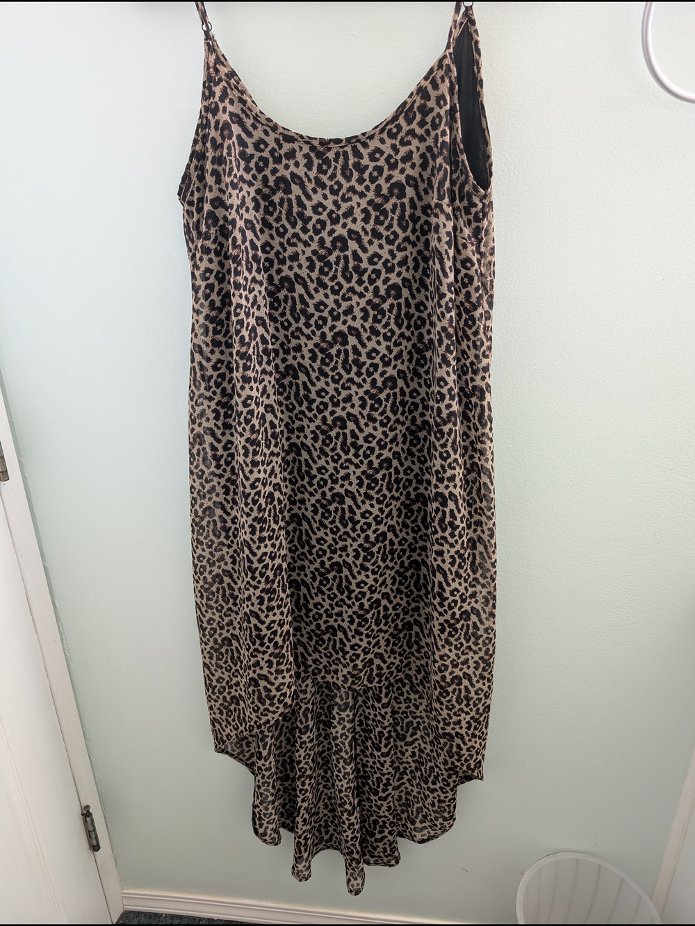 Dex Leopard Print High-Low Slip Dress in Brown and Black